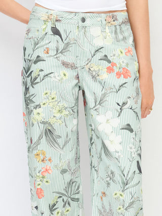 Denim Low Rise Striped Floral Graphic Asymmetrical Metal Detail Wide Leg Jeans