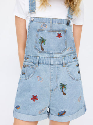 Denim Washed Embroidery Mid Rise Metal Detail Oversized Short Overalls