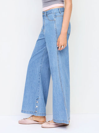 Denim Mid Rise Flared Tapered Back Metal Detail Trousers