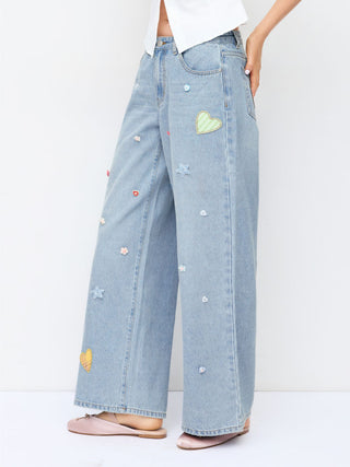 Denim Low Rise Heart & Star Graphic Applique Wide Leg Jeans