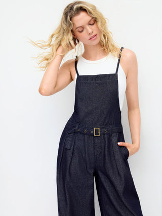 Denim Mid Rise Metal Detail Oversized Wide Leg Jumpsuit With Belt