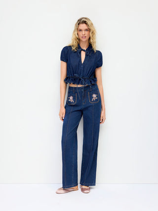 Floral Embroidery High-Waist Straight Leg Denim Jeans