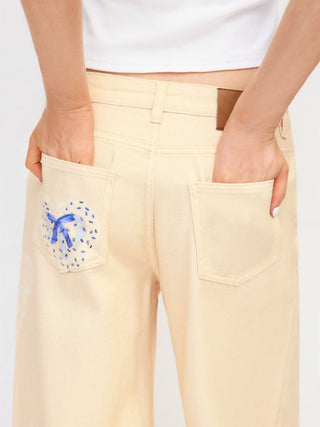 Denim Low Rise Floral Applique Metal Detail Wide Leg Jeans