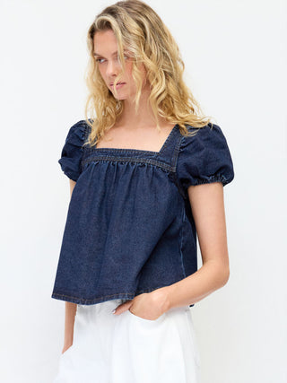 Washed Denim Square Neck Puff Sleeve Drawstring Oversized Blouse