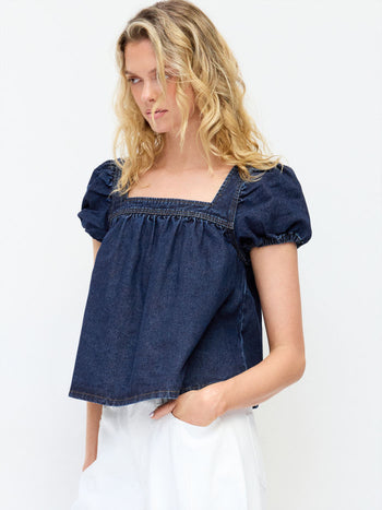 Washed Denim Square Neck Puff Sleeve Drawstring Oversized Blouse