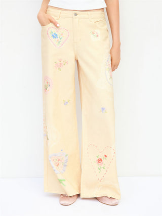 Denim Low Rise Floral Applique Metal Detail Wide Leg Jeans