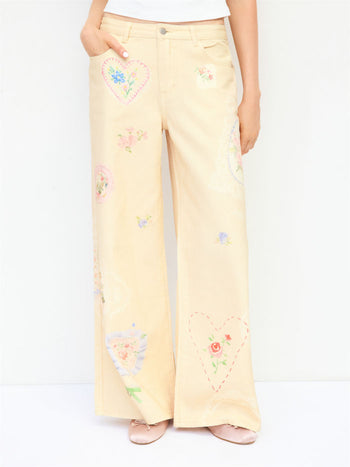 Denim Low Rise Floral Applique Metal Detail Wide Leg Jeans