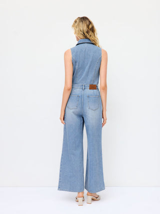 Denim High Rise Washed Metal Detail Wide Leg Jumpsuit