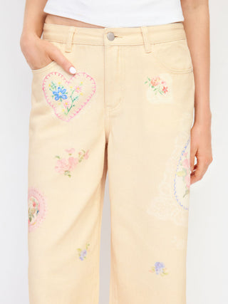 Denim Low Rise Floral Applique Metal Detail Wide Leg Jeans