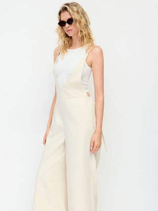 Denim Mid Rise V-neck Backless Pearl Detail Wide Leg Oversized Jumpsuit