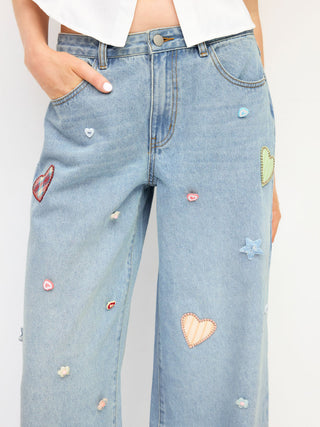 Denim Low Rise Heart & Star Graphic Applique Wide Leg Jeans