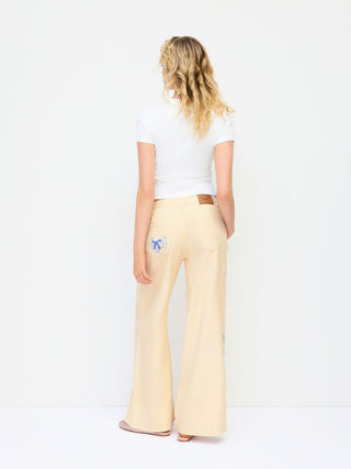 Denim Low Rise Floral Applique Metal Detail Wide Leg Jeans