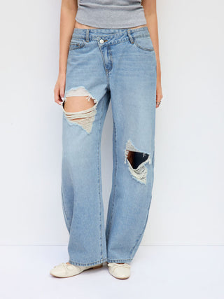 Denim Low Rise Barrel-Leg Ripped Jeans
