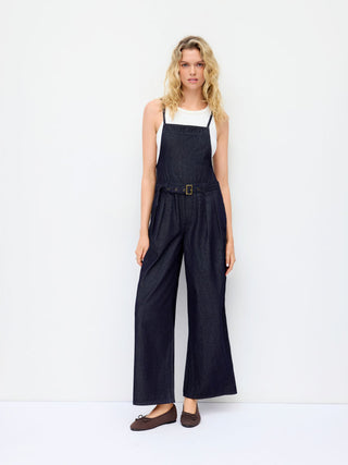 Denim Mid Rise Metal Detail Oversized Wide Leg Jumpsuit With Belt