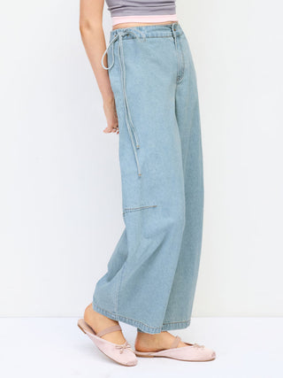 Denim Mid Rise Barrel-Leg Side Strap Jeans