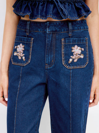 Floral Embroidery High-Waist Straight Leg Denim Jeans