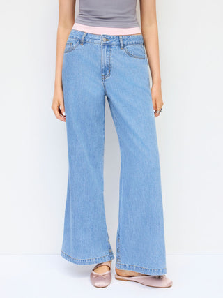 Denim Mid Rise Flared Tapered Back Metal Detail Trousers