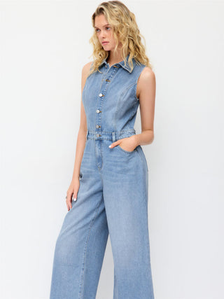 Denim High Rise Washed Metal Detail Wide Leg Jumpsuit