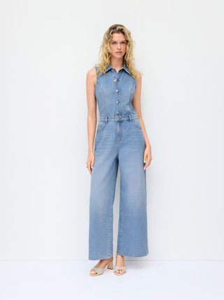 Denim High Rise Washed Metal Detail Wide Leg Jumpsuit