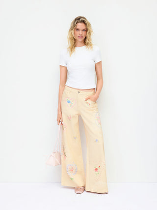 Denim Low Rise Floral Applique Metal Detail Wide Leg Jeans