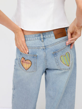 Denim Low Rise Heart & Star Graphic Applique Wide Leg Jeans