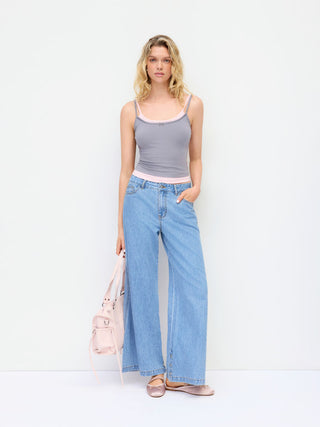 Denim Mid Rise Flared Tapered Back Metal Detail Trousers