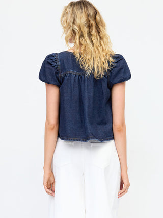 Washed Denim Square Neck Puff Sleeve Drawstring Oversized Blouse