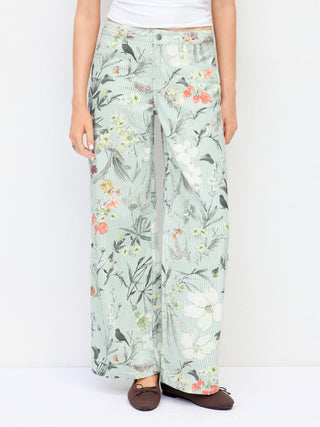 Denim Low Rise Striped Floral Graphic Asymmetrical Metal Detail Wide Leg Jeans