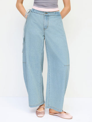 Denim Mid Rise Barrel-Leg Side Strap Jeans