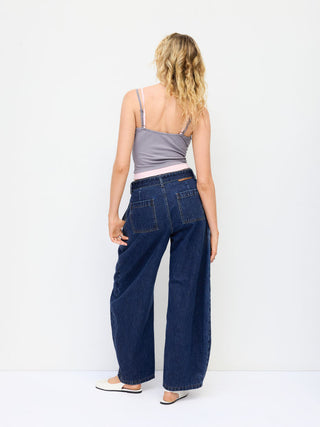 Denim Mid Rise Washed Barrel-leg Belted Jeans