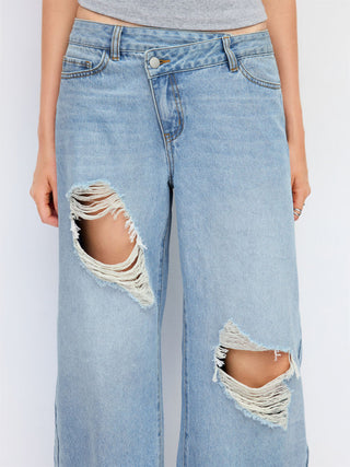 Denim Low Rise Barrel-Leg Ripped Jeans