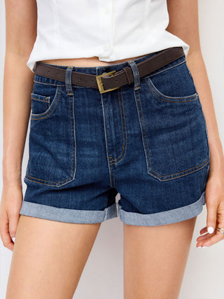 Stretch Denim Mid Rise Washed Roll Hem Shorts With Belt