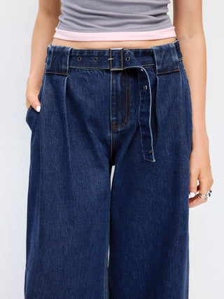 Denim Mid Rise Washed Barrel-leg Belted Jeans