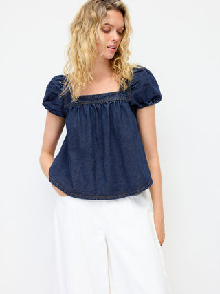 Washed Denim Square Neck Puff Sleeve Drawstring Oversized Blouse