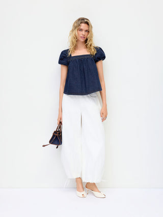 Washed Denim Square Neck Puff Sleeve Drawstring Oversized Blouse