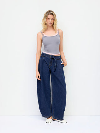 Denim Mid Rise Washed Barrel-leg Belted Jeans