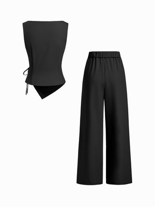 Boat Neck Striped Wrap Knotted Top & Mid Rise Straight Leg Trousers Set