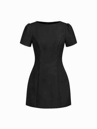 Round Neckline Puff Sleeve Mini Straight Dress