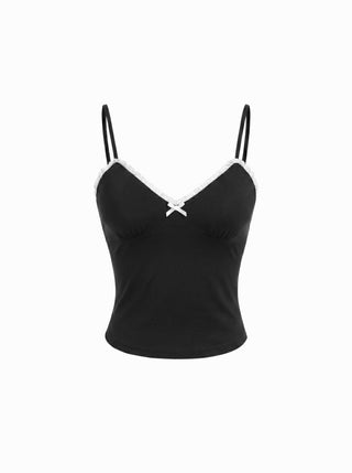 Cotton-blend V-neck Lace Trim Ruched Bowknot Cami Top