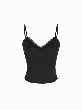 Cotton-blend V-neck Lace Trim Ruched Bowknot Cami Top