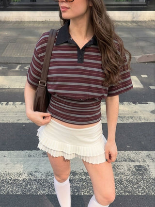 Cotton-blend Striped Polo Neck Short Sleeve Ruched Tee