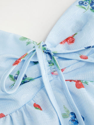 Fruit Graphic Sweetheart Neck Knotted Ruched Babydoll Cami Blouse