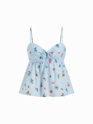 Fruit Graphic Sweetheart Neck Knotted Ruched Babydoll Cami Blouse