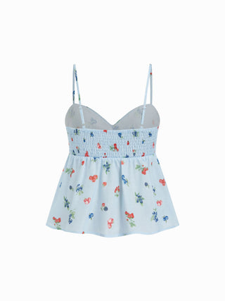 Fruit Graphic Sweetheart Neck Knotted Ruched Babydoll Cami Blouse