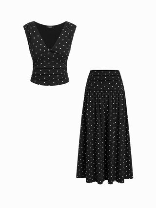 V-neck Twist Ruched Top & Mid Rise Ruched Flared Maxi Skirt Set