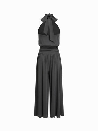 Halter Neckline Ruched Tie Back Wide Leg Oversized Jumpsuit