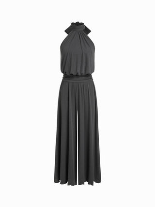 Halter Neckline Ruched Tie Back Wide Leg Oversized Jumpsuit