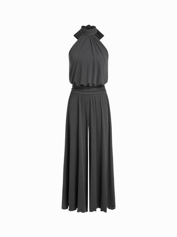Halter Neckline Ruched Tie Back Wide Leg Oversized Jumpsuit