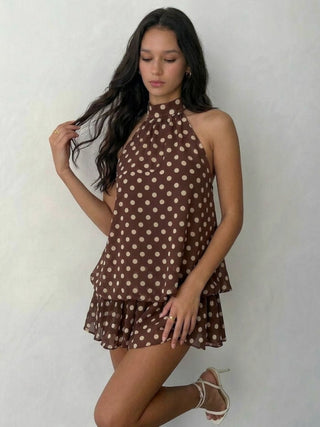 Chiffon Polka Dot Halter Neck Ruffle Bubble Mini Dress
