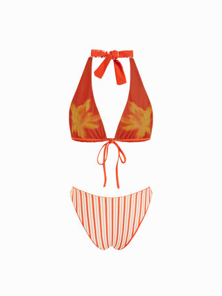 Halter Neckline Reversible Floral Three Piece Bikini Set with Skirt